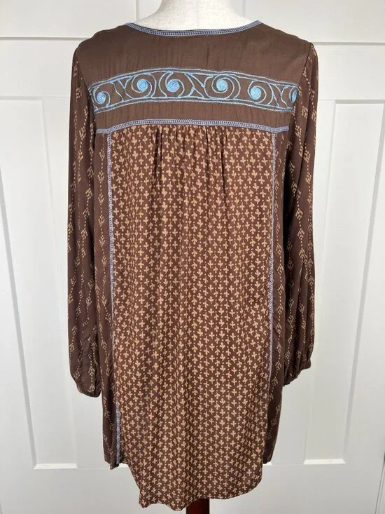 Krista Lee Tunic Top NWT S Boho Embroidered Beaded Brown Oversized Peasant Top - Picture 5 of 10